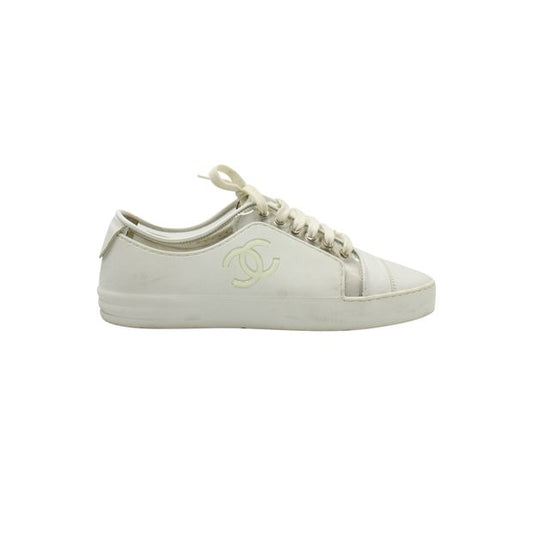 Chanel White Low Top Cc Sneakers