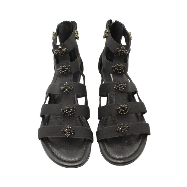 JIMMY CHOO Black Bejeweled Waiver Gladiator Flat Sandals