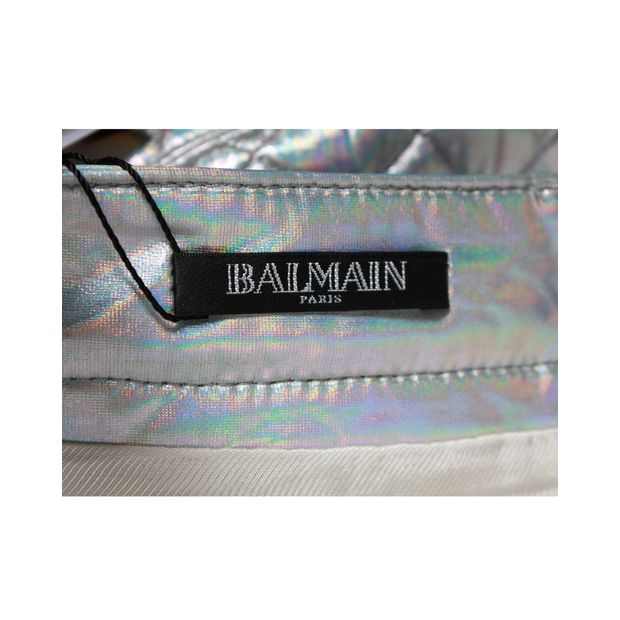 Balmain Metallic Holographic Quilted Mini Skirt in Silver Polyester