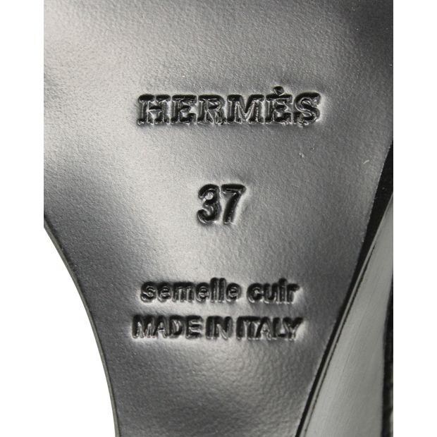 HERMÈS Legend Wedge Heels In Black Lizard Skin Leather