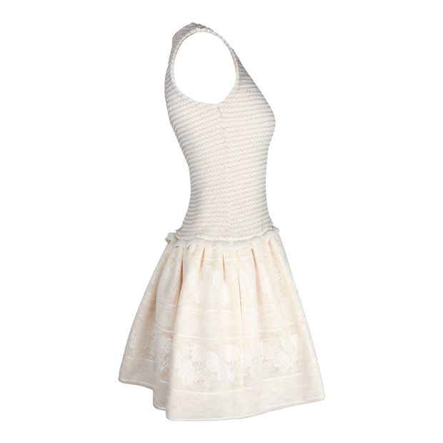 Maje Sleeveless Flared Skirt Mini Dress in Cream Polyester
