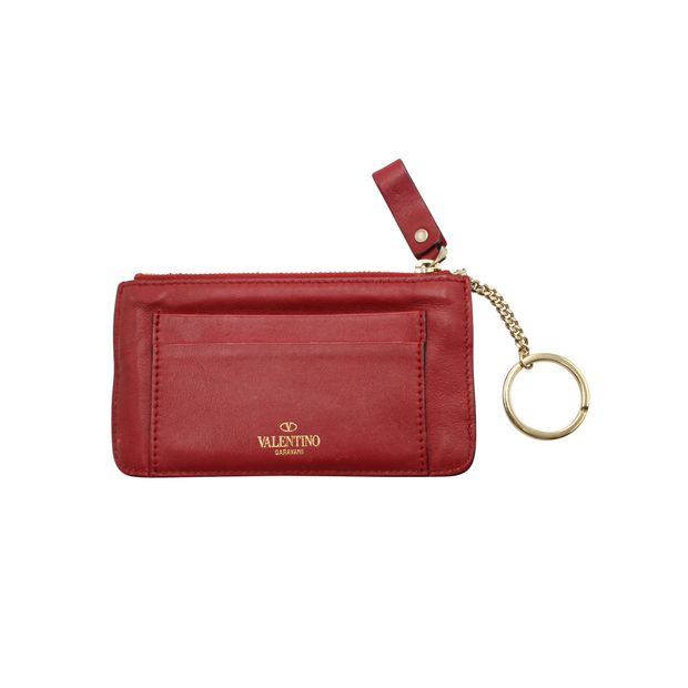 Valentino Red Calf Leather Rockstud Card, Coin & Key Pouch