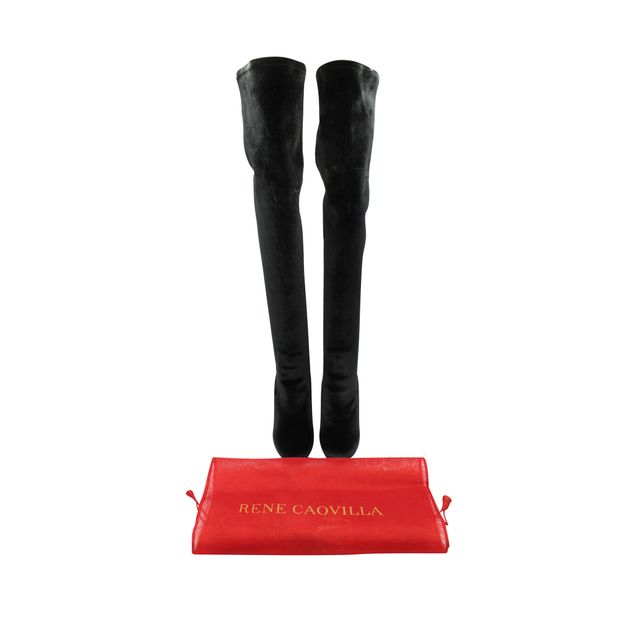 Rene Caovilla Crystal-Embellished Heel Knee High Boots in Black Velvet