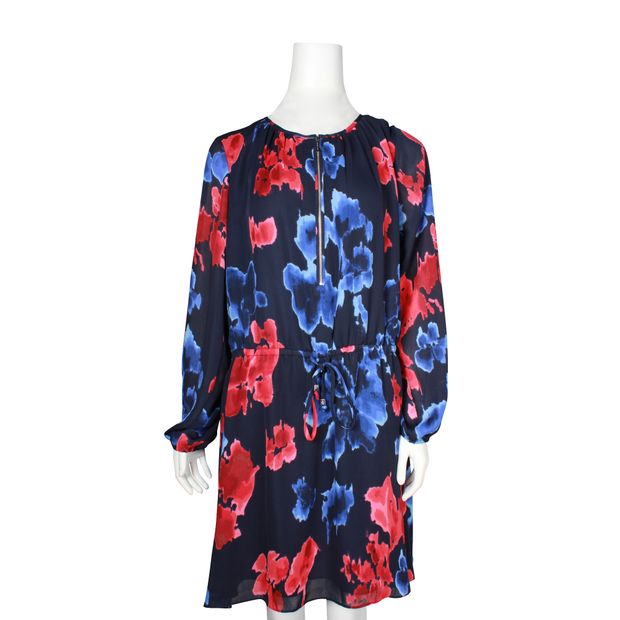 Michael Michael Kors Navy Blue And Red Print Dress With Front Zipper
