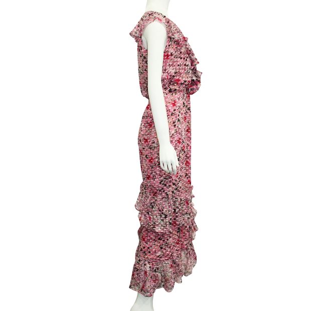 Saloni Pink Floral Silk Maxi Dress With Frill Neckline