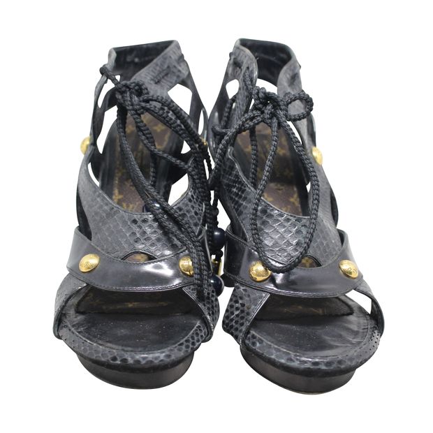 LOUIS VUITTON Black Python Suede Patent Lace High Heel Sandals