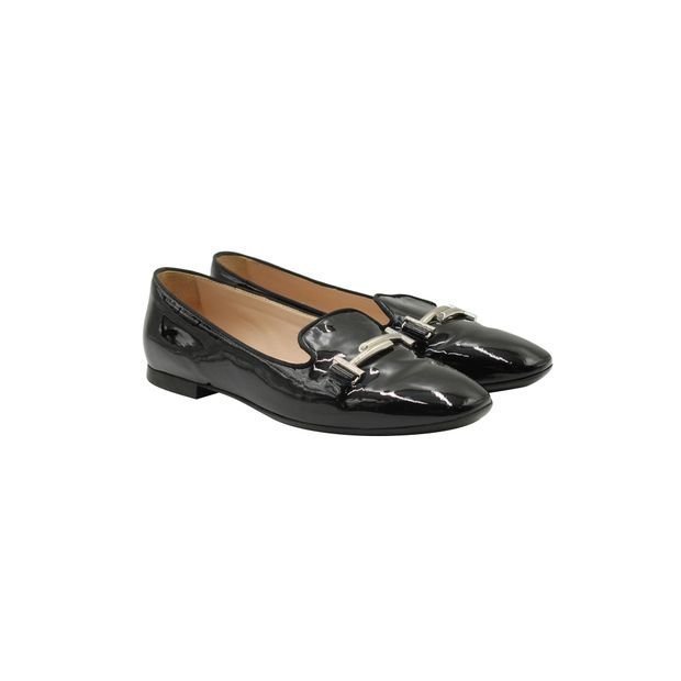 Tod's Double T Flats in Black Patent Leather
