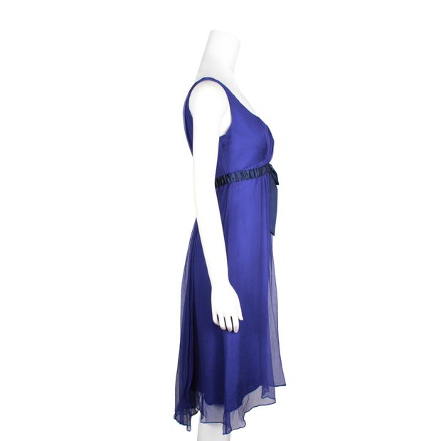 Vera Wang Royal Blue Silk Dress With Navy Blue Belt