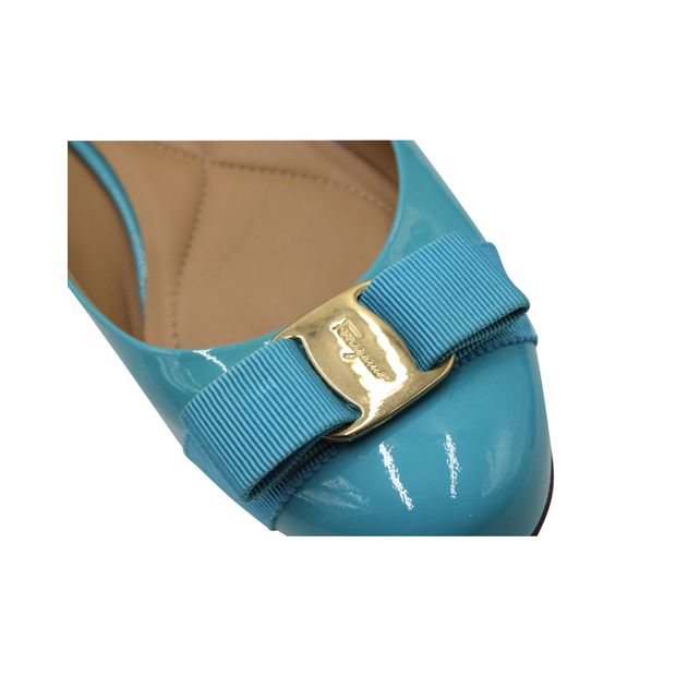 Salvatore Ferragamo Vara Bow Flats in Blue Patent Leather