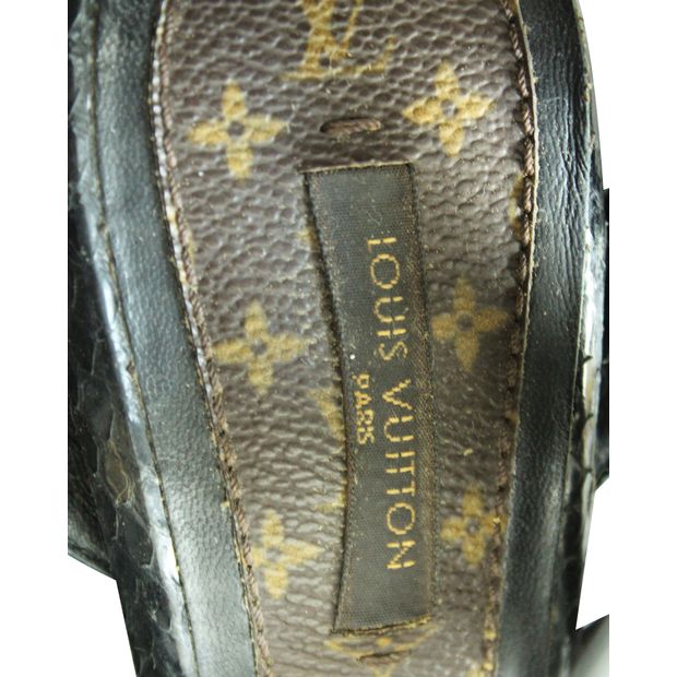 LOUIS VUITTON Black Python Suede Patent Lace High Heel Sandals