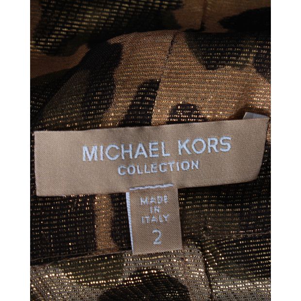 Michael Kors Leopard Print Off-Shoulder Top in Metallic Brown/Gold Silk
