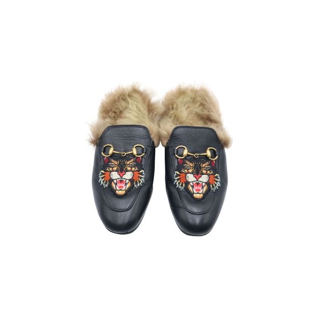 Gucci Princetown slippers with Angry Cat AppliquÃ© in Black Leather