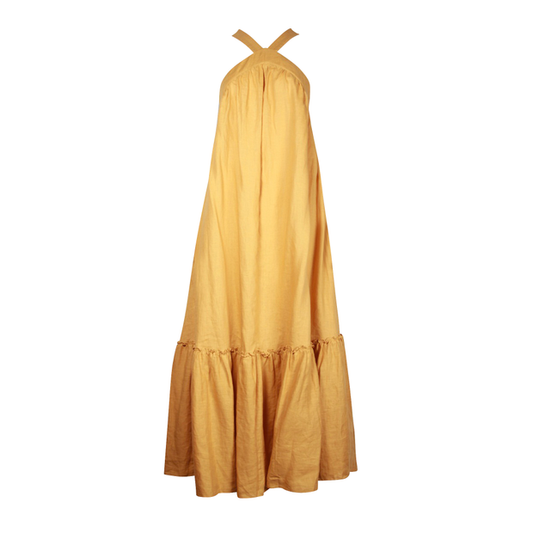 THREE GRACES Mustard Linen Flattering Maxi Dress