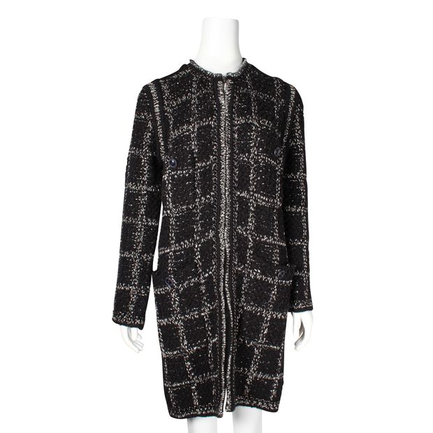 Chanel Black & White Long Wool Tweed Coat