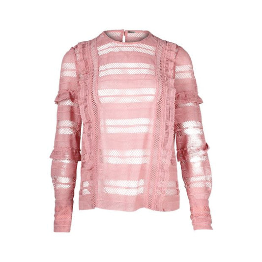 Self-Portrait Ruffle Stripe and Grid Lace Top in Pink Polyester