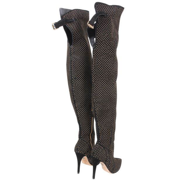 ALICE + OLIVIA Black Thigh High Gold Accent Boots