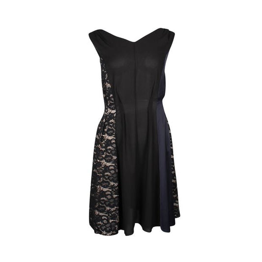 Nina Ricci Black & Blue V-Neck Dress With Lace Side Panels