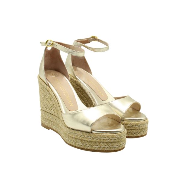 Stuart Weitzman Espadrille Ankle Strap Wedge in Gold Leather