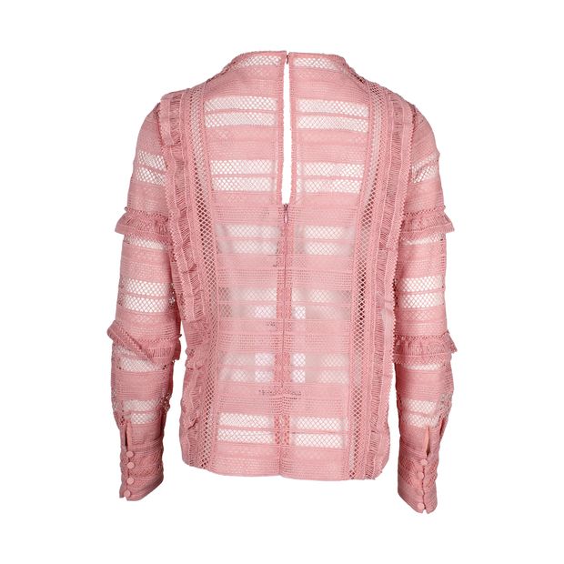 Self-Portrait Ruffle Stripe and Grid Lace Top in Pink Polyester