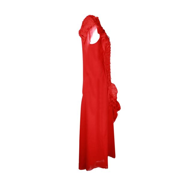 Yohji Yamamoto Ruffle Detail Maxi Dress in Red Polyester