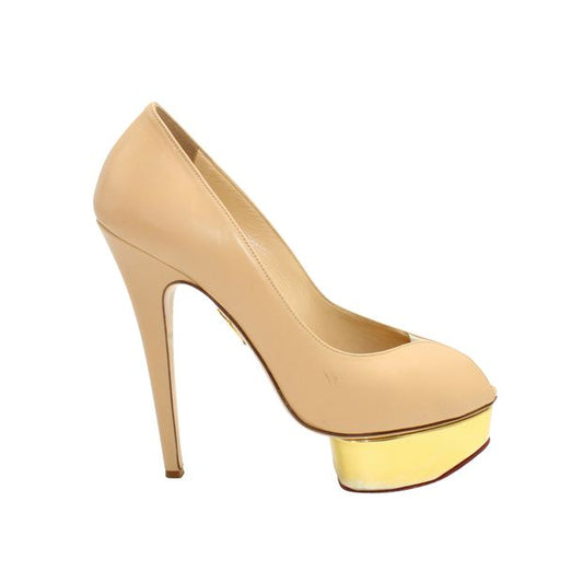 Charlotte Olympia Beige/Light Brown Heels - Golden Metallic Platforms