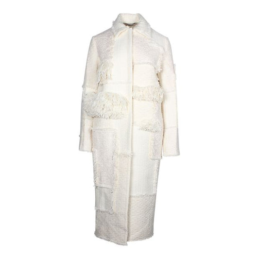 Nina Ricci Fringe Paneled Long Coat in Ecru Wool