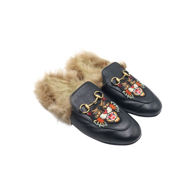 Gucci Princetown slippers with Angry Cat AppliquÃ© in Black Leather