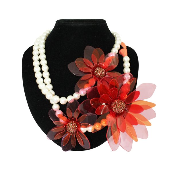 Lanvin Orange Necklace With Faux Pearls And Plastic Flowers