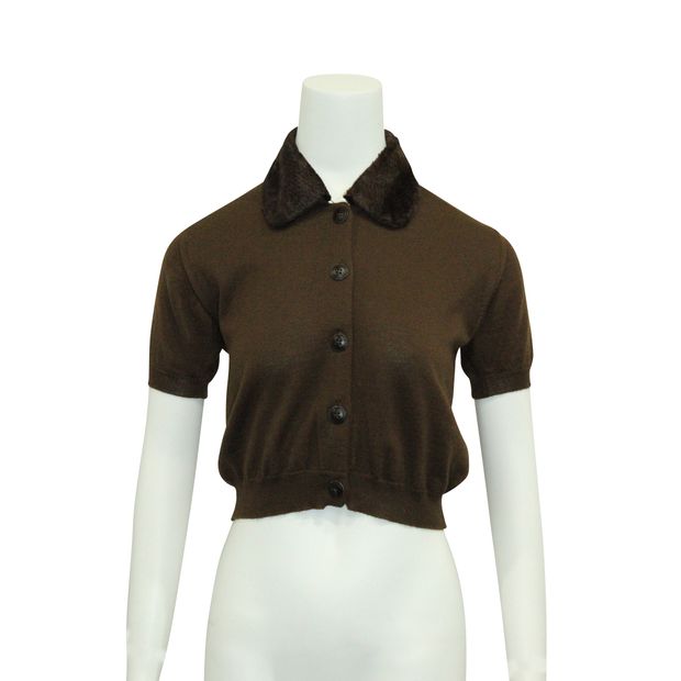 Versace Jeans Brown Short Sleeve Cardigan With Faux Fur Collar