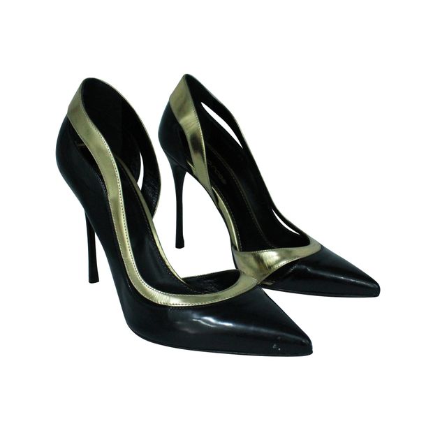 SERGIO ROSSI Patent Leather Gold and Black Pumps