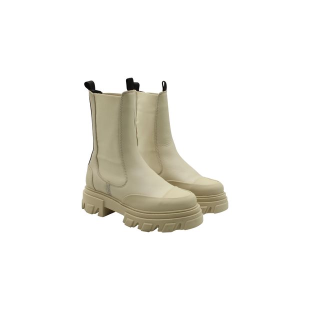 Ganni Chunky Ankle Boots in Cream Leather