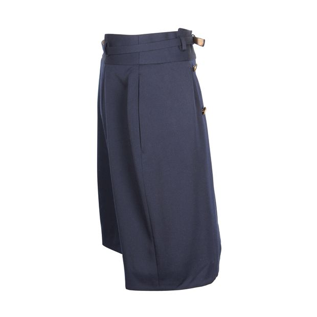 Alexander McQueen Belted Knee-Length Skirt in Navy Blue Virgin Wool
