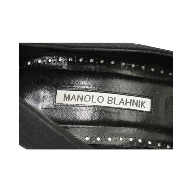 MANOLO BLAHNIK Black Canvas Hangisi Heels with Silver Embellishment