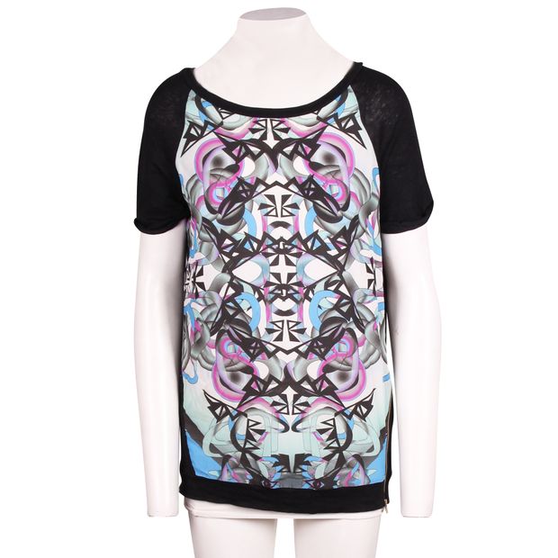 SANDRO Black Tshirt with Printed Silk Front