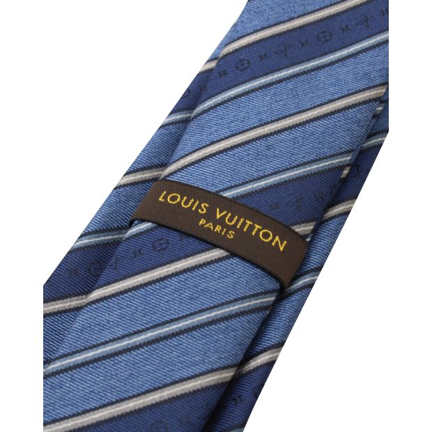 Louis Vuitton Dark Blue Striped Monogram Print Tie