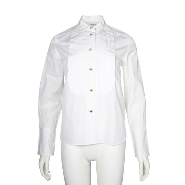 Chanel White Shirt With Front Pleating & Monogram Buttons