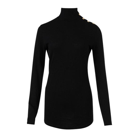 Balmain Black Knit Turtleneck Fine Wool Sweater