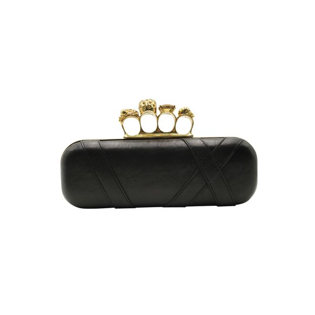 Alexander Mcqueen Black Leather Knuckle Long Clutch With Skull Detail