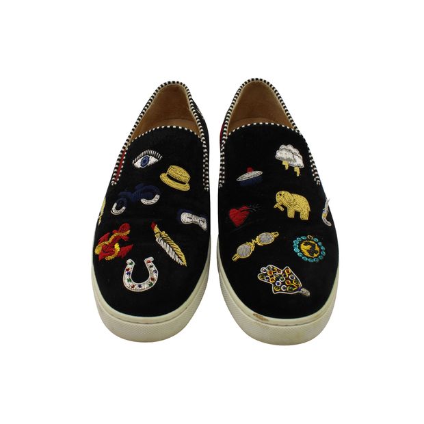 Christian Louboutin Embroidered Slip On Sneakers in Black Suede