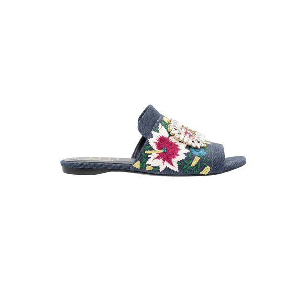 Roger Vivier Strass-Buckle Floral Denim Slide Sandals