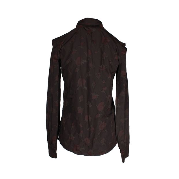 Yves Saint Laurent Rose-Print Button-Up Shirt in Brown Cotton