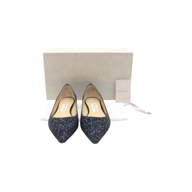 Jimmy Choo Glitter Love Pointed Ballet Flats in Blue Leather