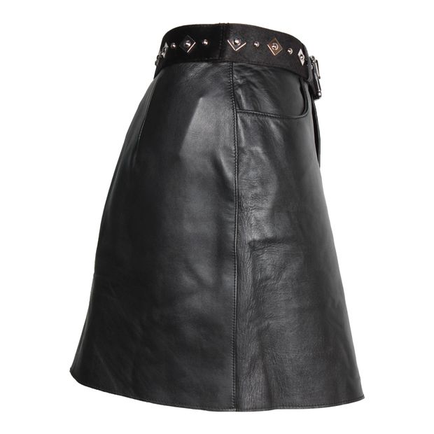 Maje Skirt with Belt Detail in Black Leather