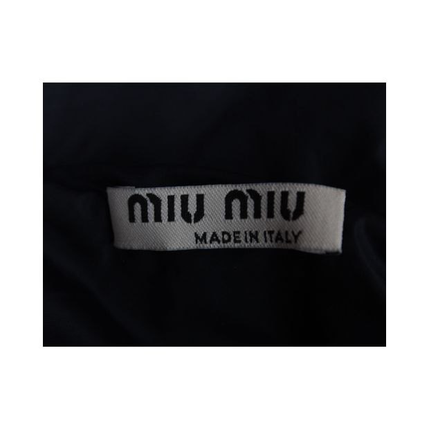 Miu Miu Long Down Coat with Fur Hood in Navy Blue Nylon