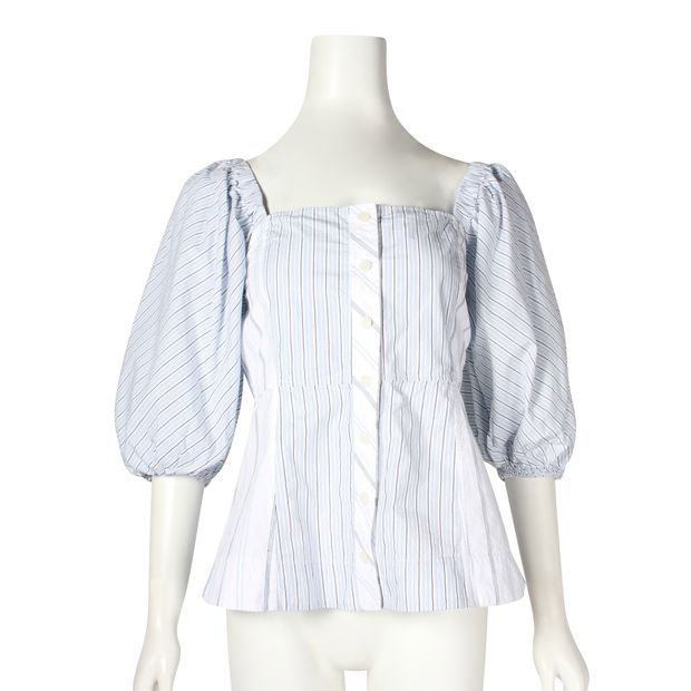 Ganni Blue And White Stripe Top With Puff Sleeves