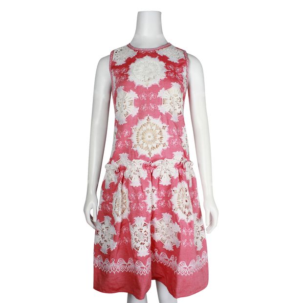 Vivienne Tam Red Cotton Dress With Ivory Embroidery And Pockets