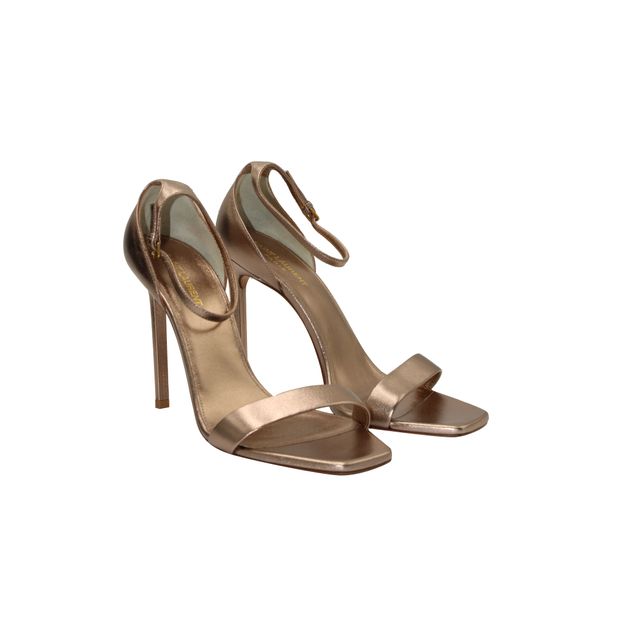 Saint Laurent Amber Ankle Strap 105 Sandals in Metal Blush Pink Leather