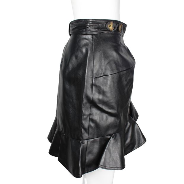 Self-Portrait Black Faux Leather Flounced Mini Skirt