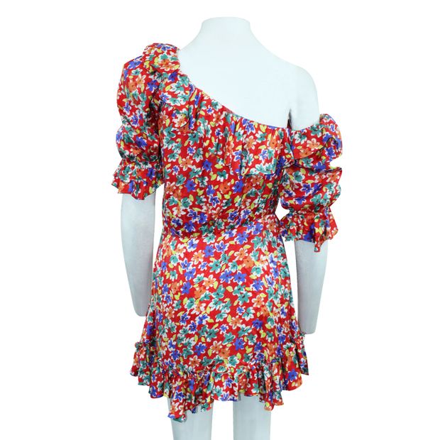 Saint Laurent One Shoulder Ruffled Multicolor Print Asymmetric Mini Dress