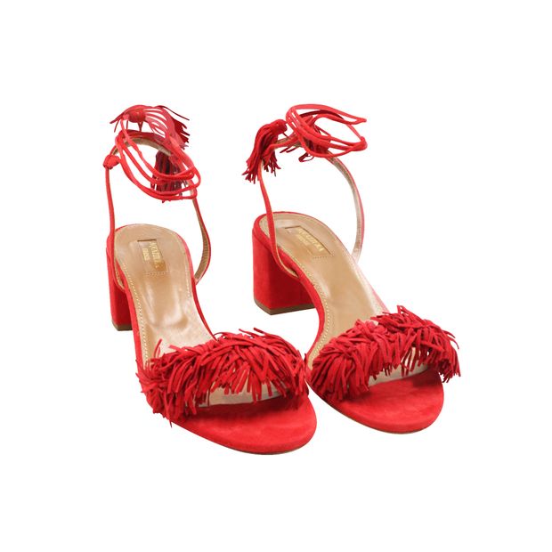 Contemporary Designer Red Wild Thing 50 Fringed Mid Heel Sandals